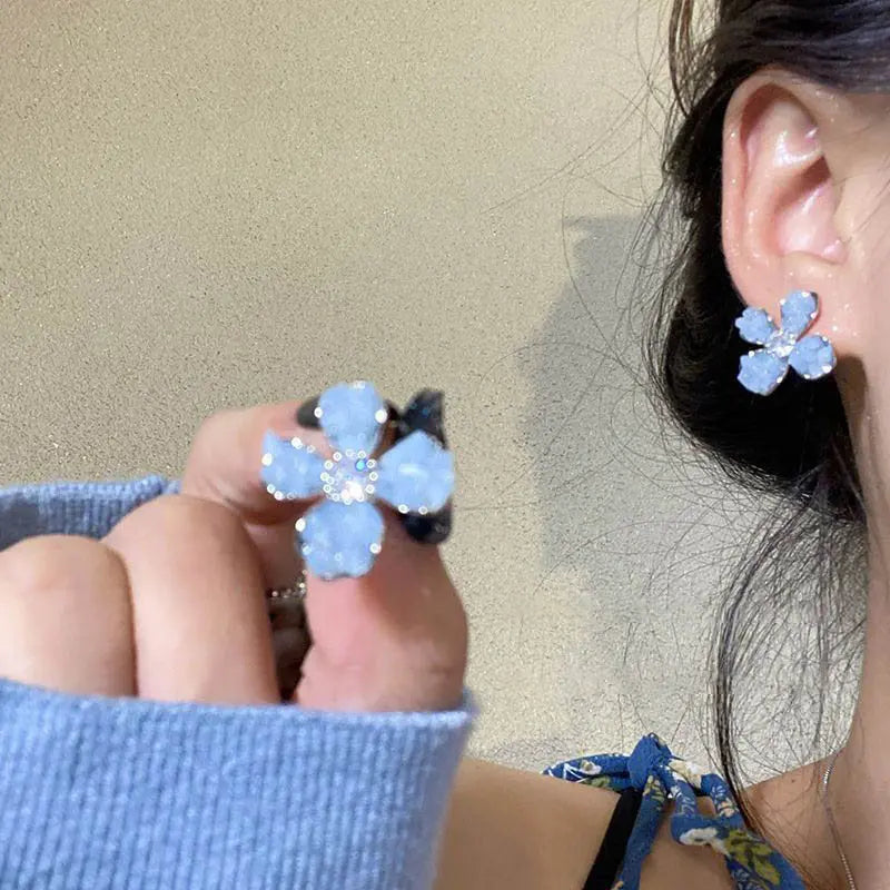 Blue Crystal Flower Stud Earrings