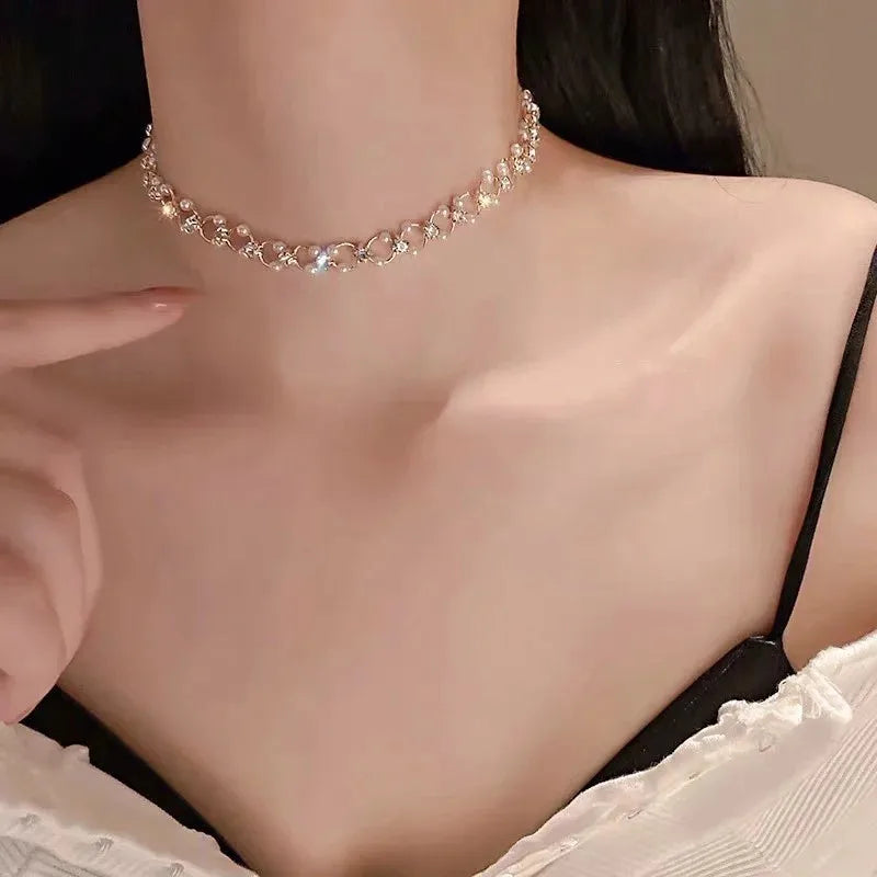 Pearl Rhinestone Choker Necklace