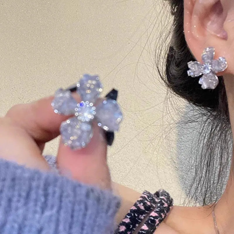 Blue Crystal Flower Stud Earrings