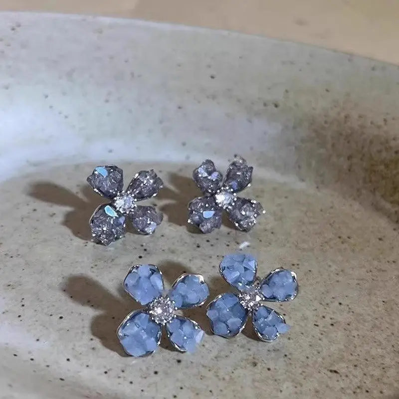 Blue Crystal Flower Stud Earrings