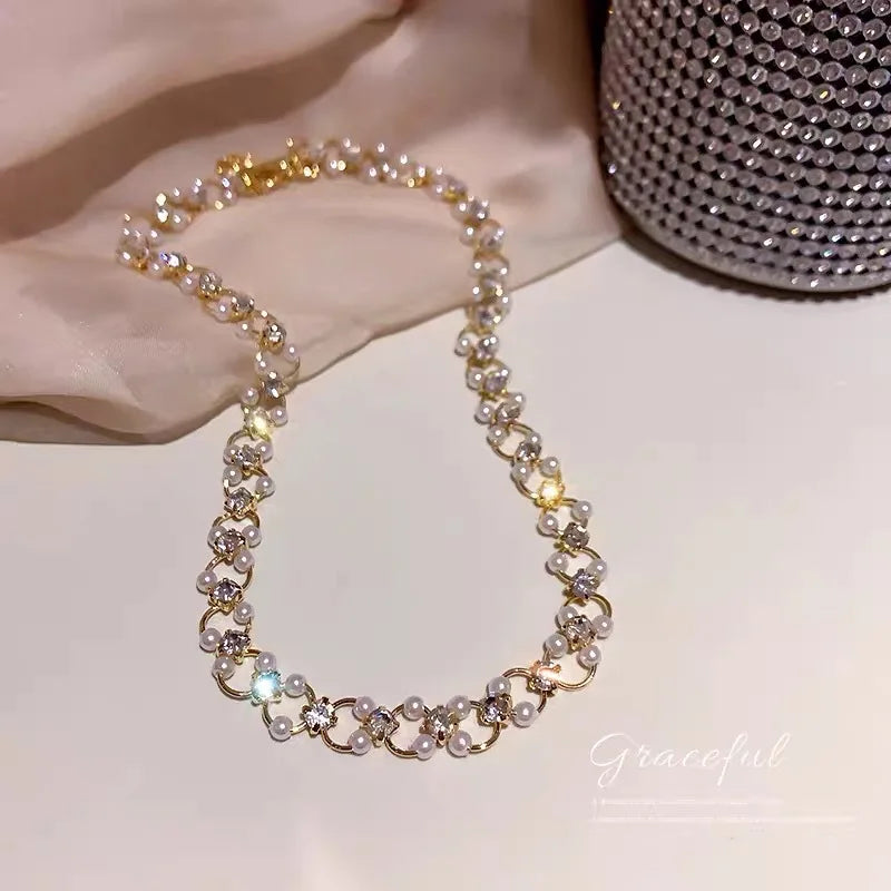 Pearl Rhinestone Choker Necklace